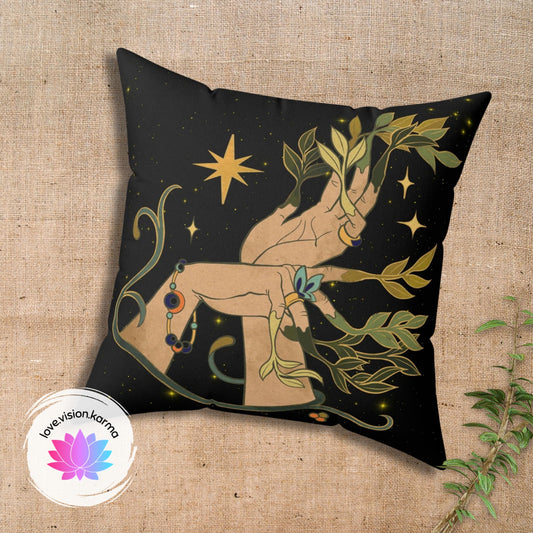 Boho Forest Nymph Green Witch Celestial Mystic Throw Pillow