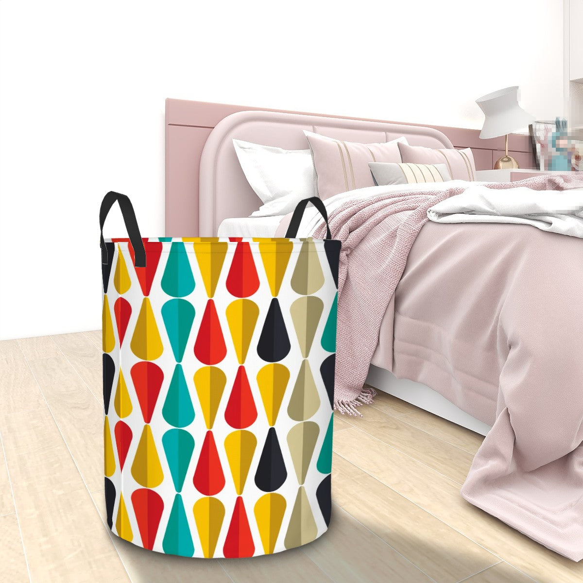 Retro 50s Mid Century Mod Bold Geometric Multicolor Round Laundry Hamper