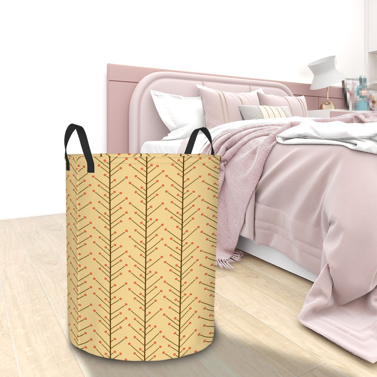 Retro 50s Mid Century Mod, Minimalist Scandi Trees, Vines Yellow Beige Round Laundry Hamper