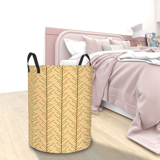 Retro 50s Mid Century Mod, Minimalist Scandi Trees, Vines Yellow Beige Round Laundry Hamper