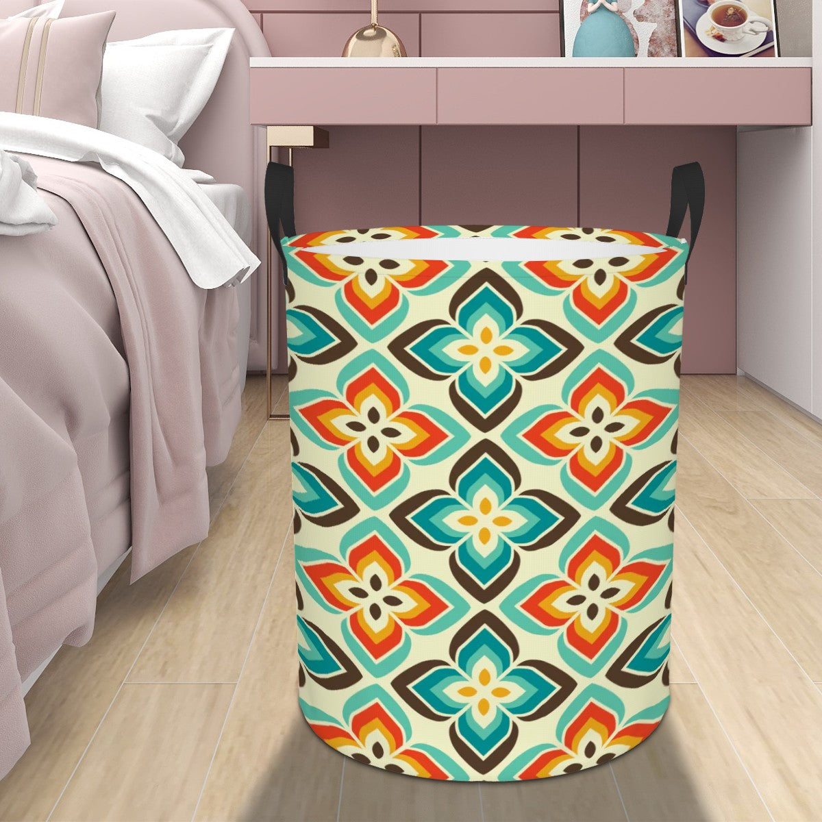 Retro 50s 60s Flowers Mid Century Mod Vintage Inspired Orange & Blue Round Laundry Hamper