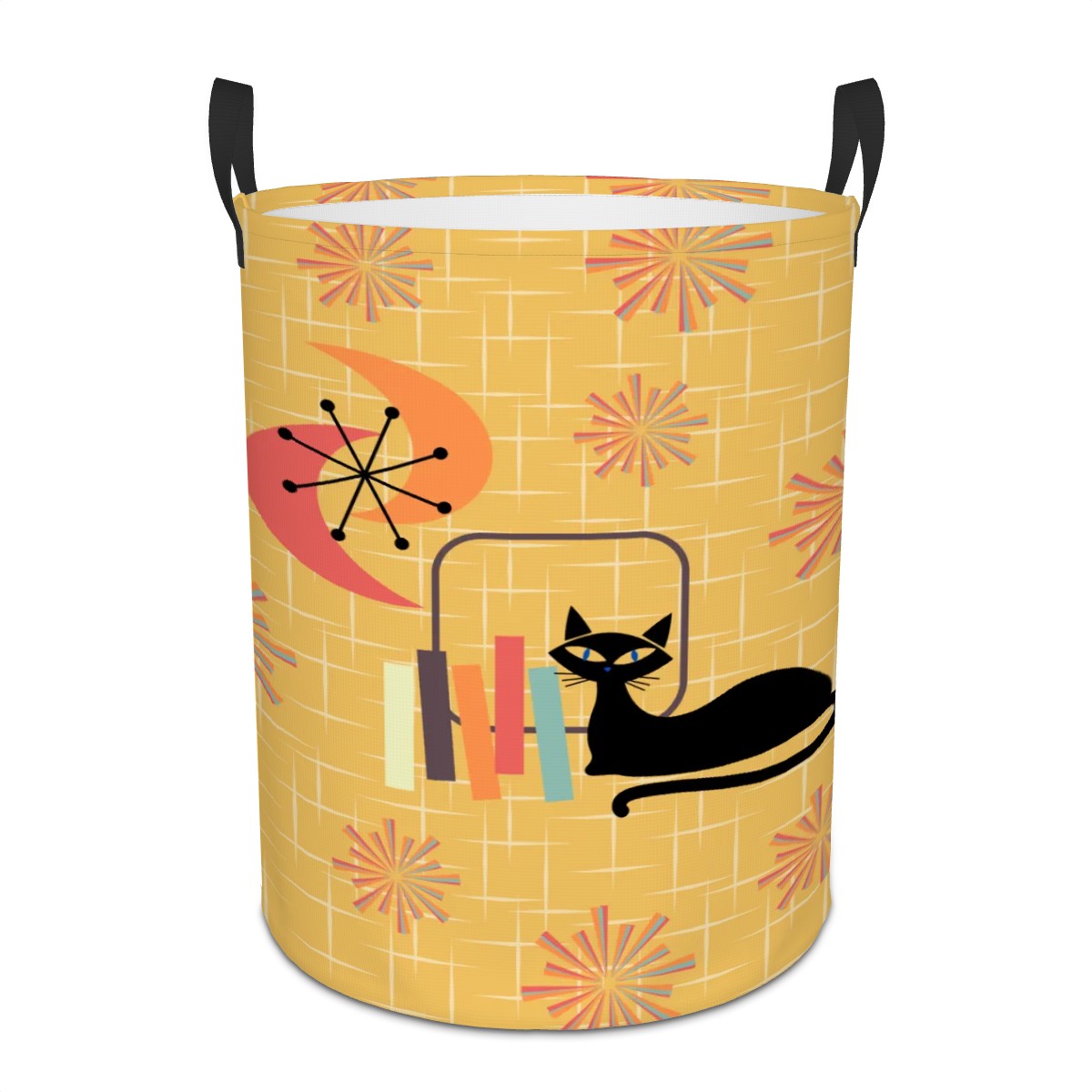 Retro 50s Atomic Cat & Starbursts Yellow Mid Century Mod Round Laundry Hamper