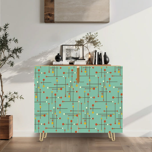 Retro 50's Eames Inspired Mid Century Mod Lines Teal Blue Sideboard, Credenza, Wooden Storage Cabinet