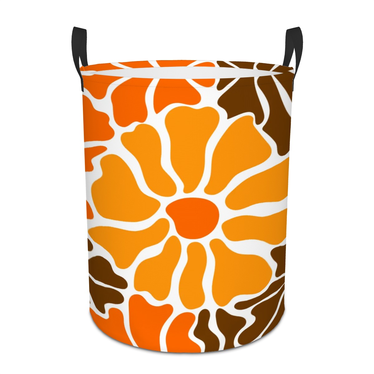 Retro 60s 70s Groovy Mod Minimalist Orange and Brown Flowers Mid Century Modern Round Laundry Hamper
