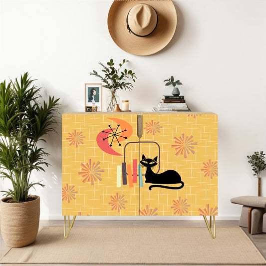 Retro Atomic Cat & 50's Starbursts Yellow Mid Century Modern Sideboard, Credenza, Wooden Storage Cabinet
