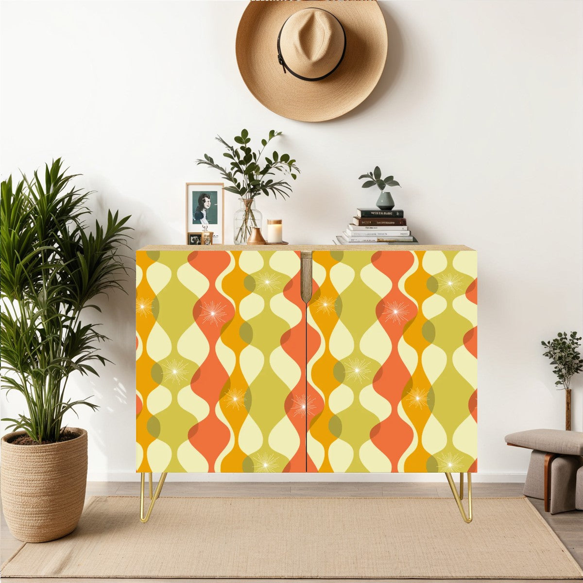 Retro 60s 70s Mid Century Mod Groovy Abstract Green, Orange & Mustard Credenza, Sideboard, Wooden Storage Cabinet
