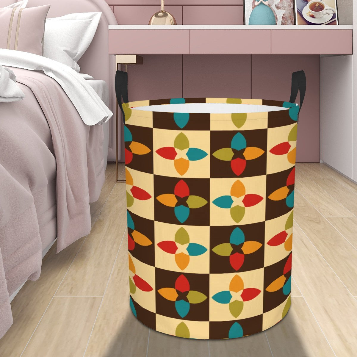 Retro 60s 70s Multicolor Mid Century Modern Round Laundry Hamper