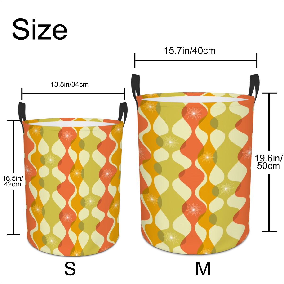 Retro 60s 70s Mid Century Mod Groovy Abstract Green, Orange & Mustard Round Laundry Hamper