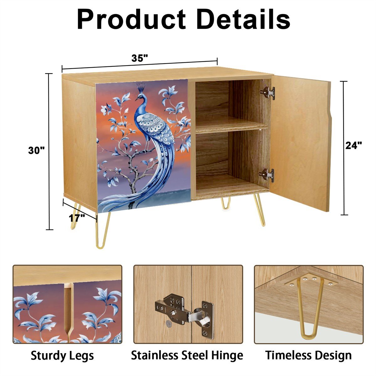 Chinoiserie Peacock Toile Mid Century Modern Blue and Orange Sideboard, Credenza, Wooden Storage Cabinet