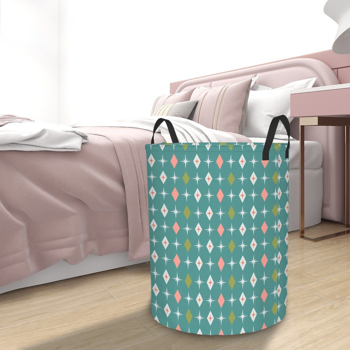 Retro 50s Atomic Burst & Diamond Mid Century Mod Teal, Pink & Green Round Laundry Hamper