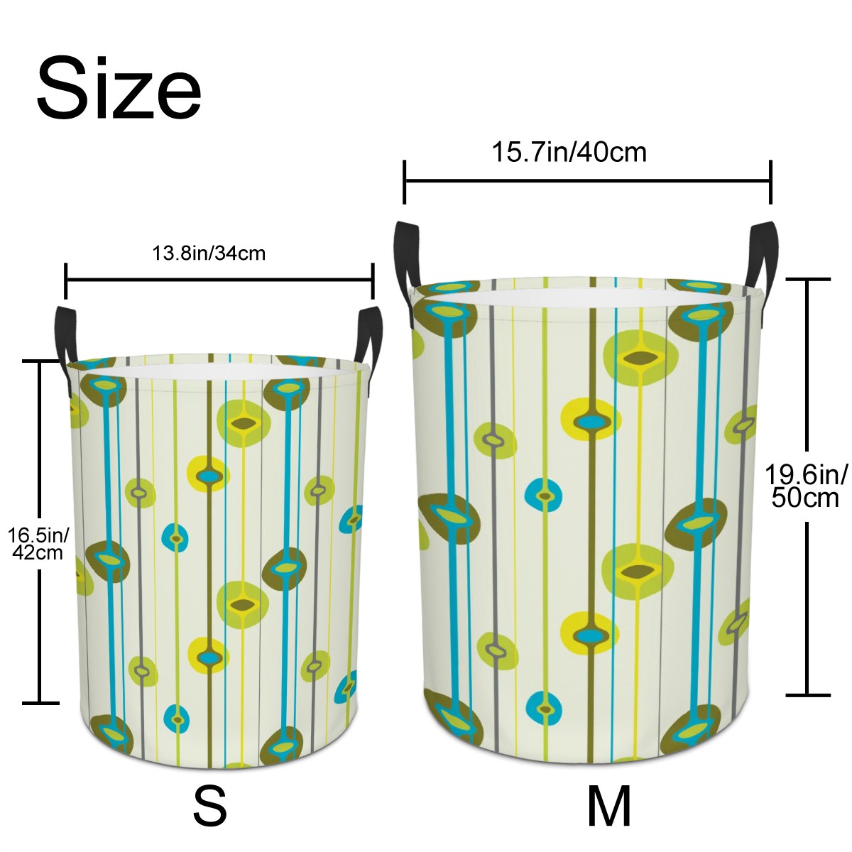 Two storage bins with measurements labeled S and M on a white background