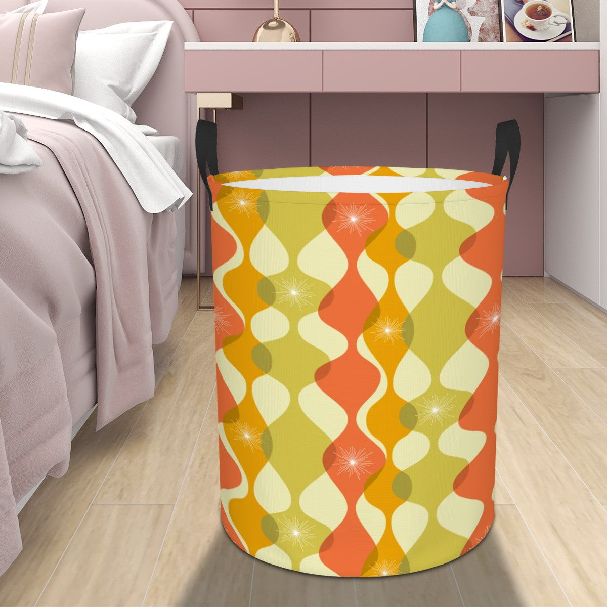 Retro 60s 70s Mid Century Mod Groovy Abstract Green, Orange & Mustard Round Laundry Hamper