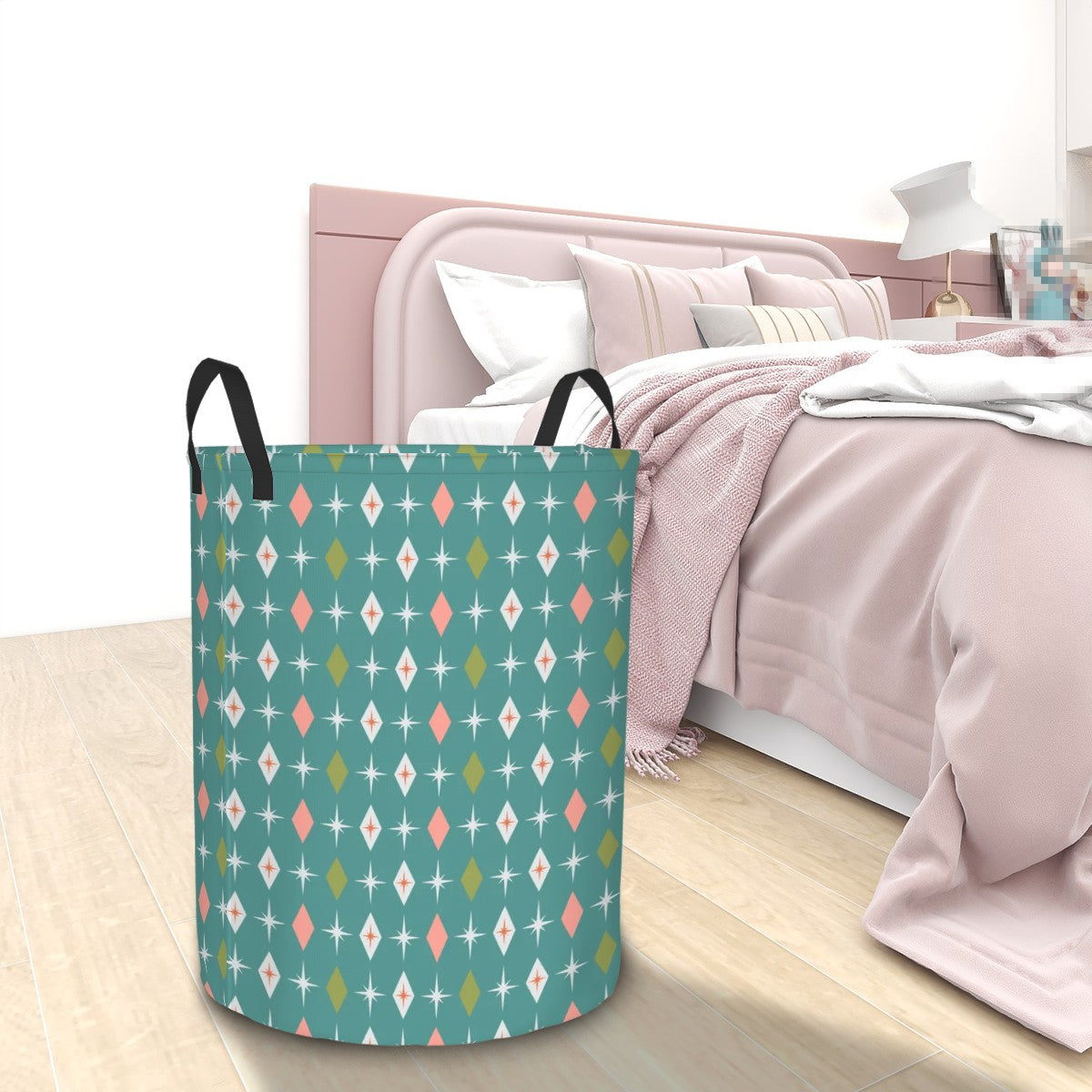Retro 50s Atomic Burst & Diamond Mid Century Mod Teal, Pink & Green Round Laundry Hamper