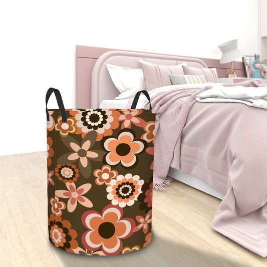 Retro 60s 70s Groovy Flowers Boho Brown and Coral MCM Round Laundry Hamper