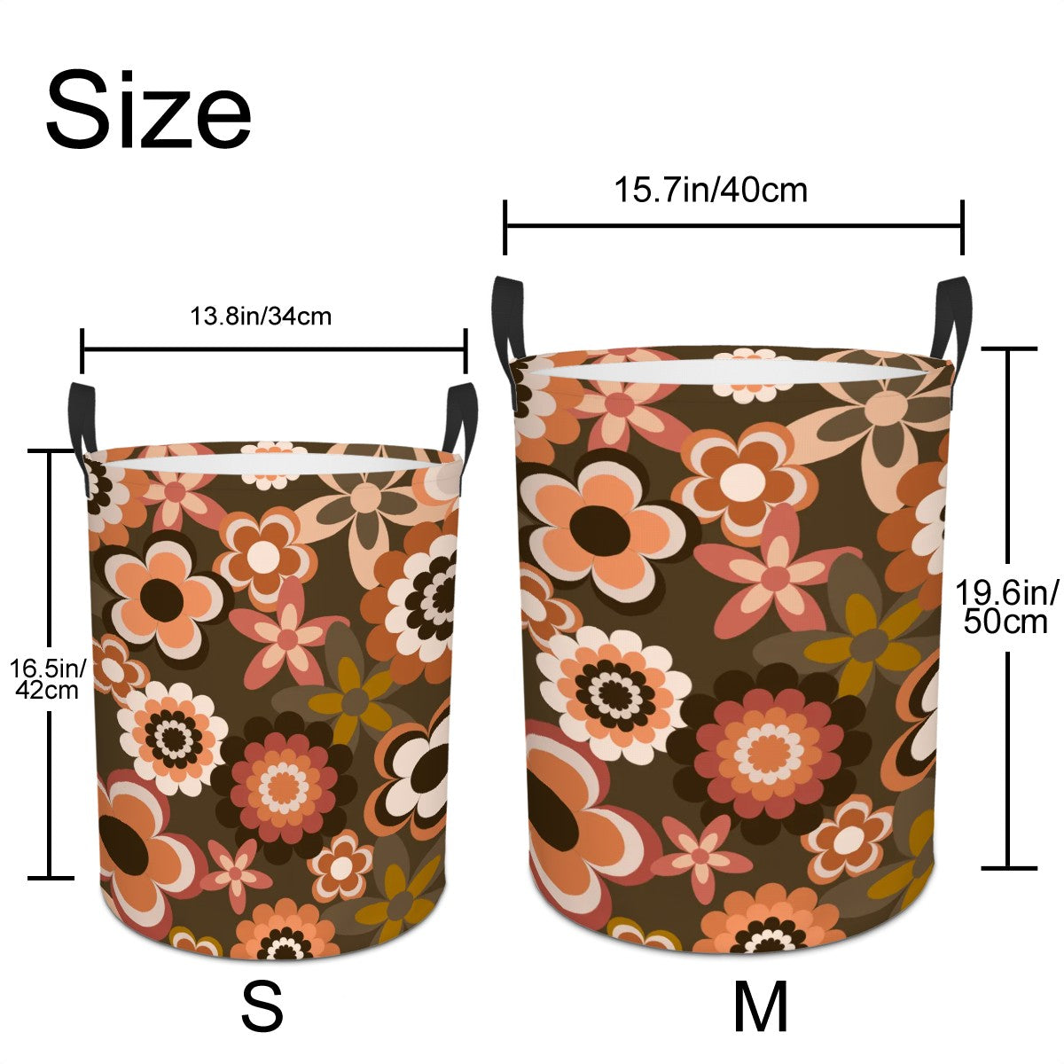 Retro 60s 70s Groovy Flowers Boho Brown and Coral MCM Round Laundry Hamper