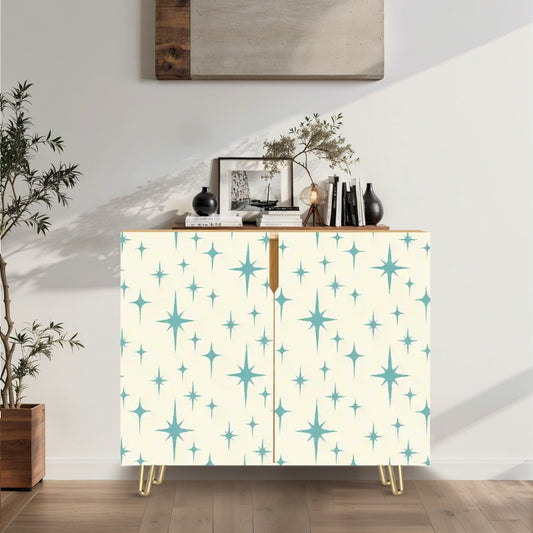 Retro 50s Atomic Starburst Mid Century Modern Blue and Off-White Sideboard, Credenza, Wooden Storage Cabinet