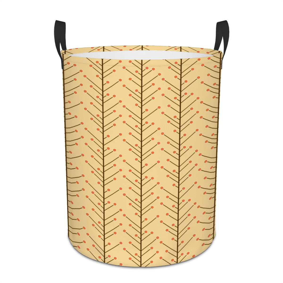 Retro 50s Mid Century Mod, Minimalist Scandi Trees, Vines Yellow Beige Round Laundry Hamper