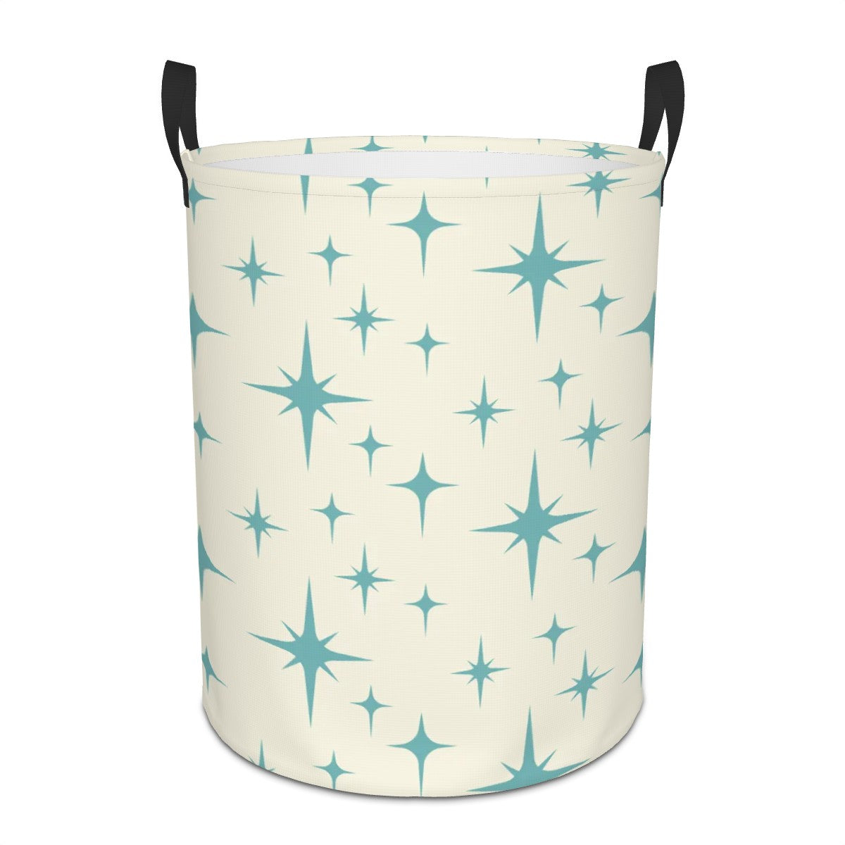 Retro 50s Atomic Starburst Mid Century Modern Blue and Off-White Round Laundry Hamper