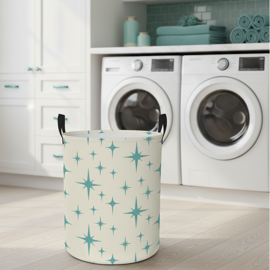 Retro 50s Atomic Starburst Mid Century Modern Blue and Off-White Round Laundry Hamper