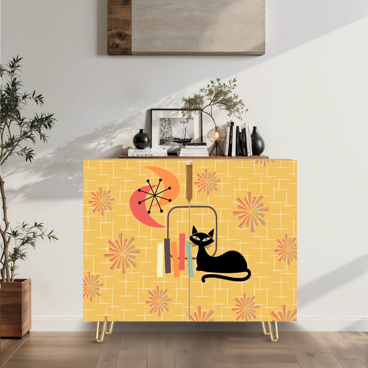 Retro Atomic Cat & 50's Starbursts Yellow Mid Century Modern Sideboard, Credenza, Wooden Storage Cabinet