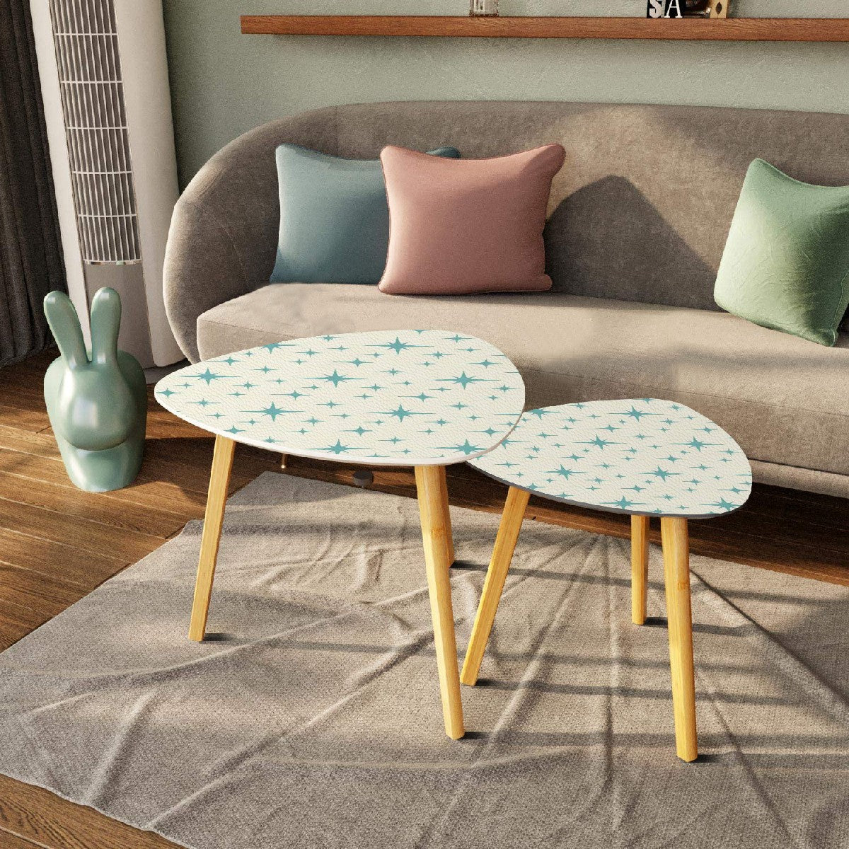 Retro 50s Atomic Starburst Mid Century Mod Blue and Off-White Nesting Accent Tables