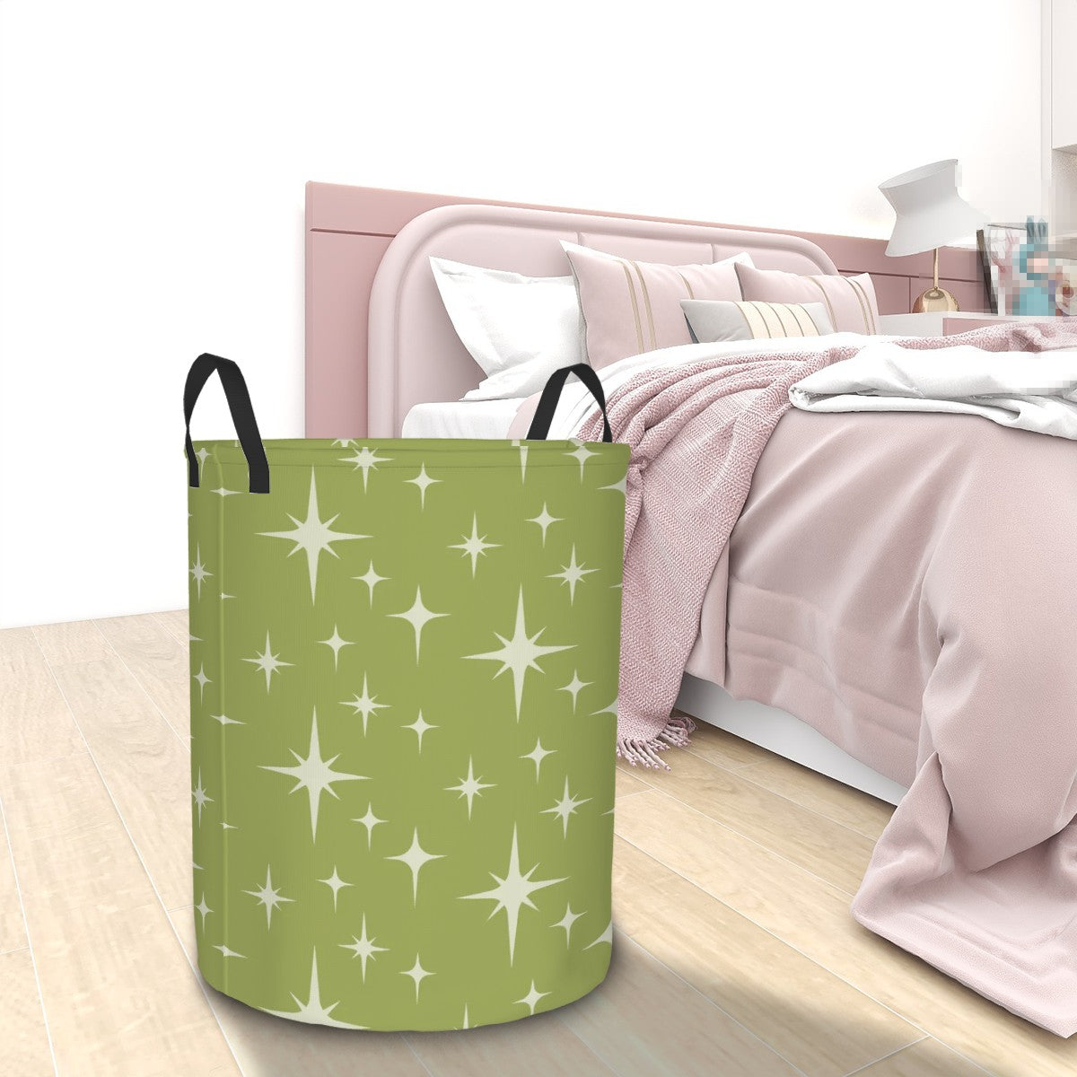 Retro 50s Atomic Starburst Mid Century Modern Chartreuse Green Round Laundry Hamper