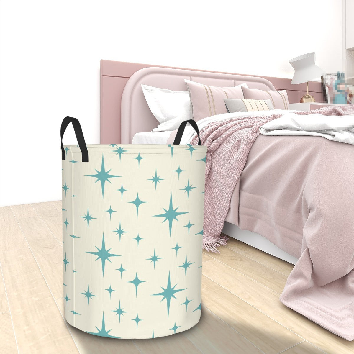 Retro 50s Atomic Starburst Mid Century Modern Blue and Off-White Round Laundry Hamper