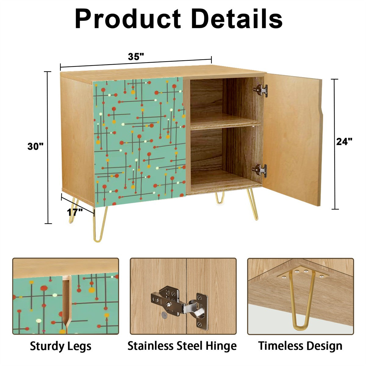 Retro 50's Eames Inspired Mid Century Mod Lines Teal Blue Sideboard, Credenza, Wooden Storage Cabinet