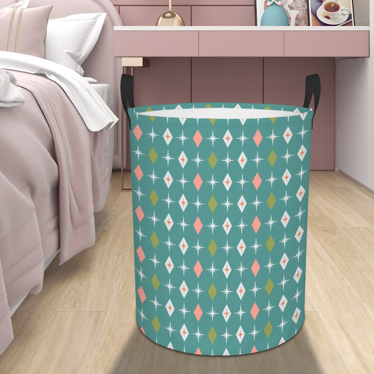 Retro 50s Atomic Burst & Diamond Mid Century Mod Teal, Pink & Green Round Laundry Hamper