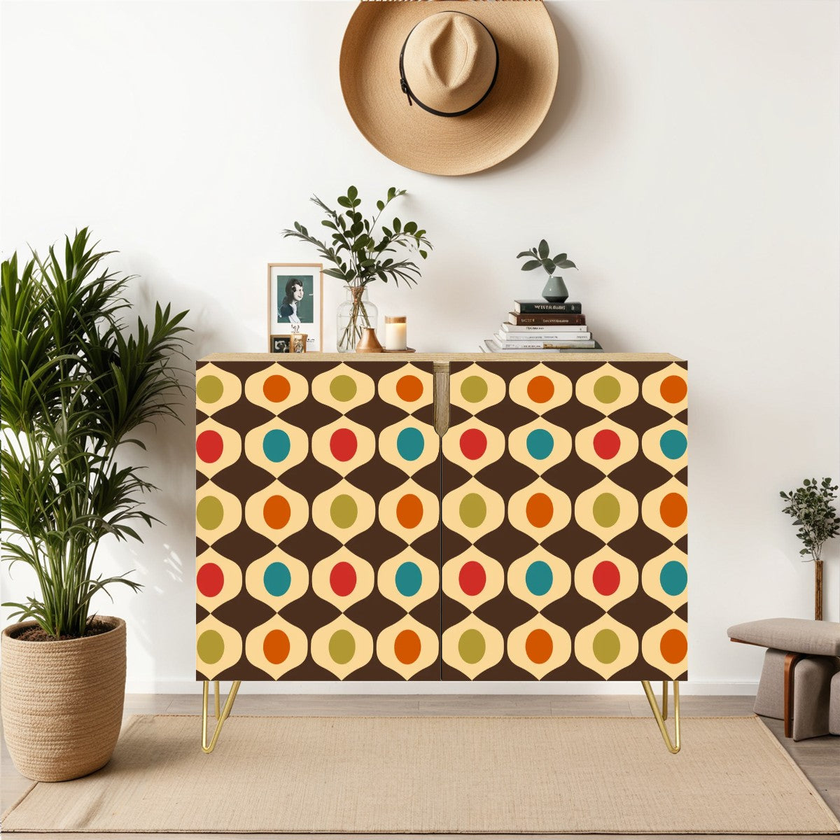 Retro 60s & 70s Geometric Mid Century Modern Mutlicolor Sideboard, Credenza, Wooden Storage Cabinet
