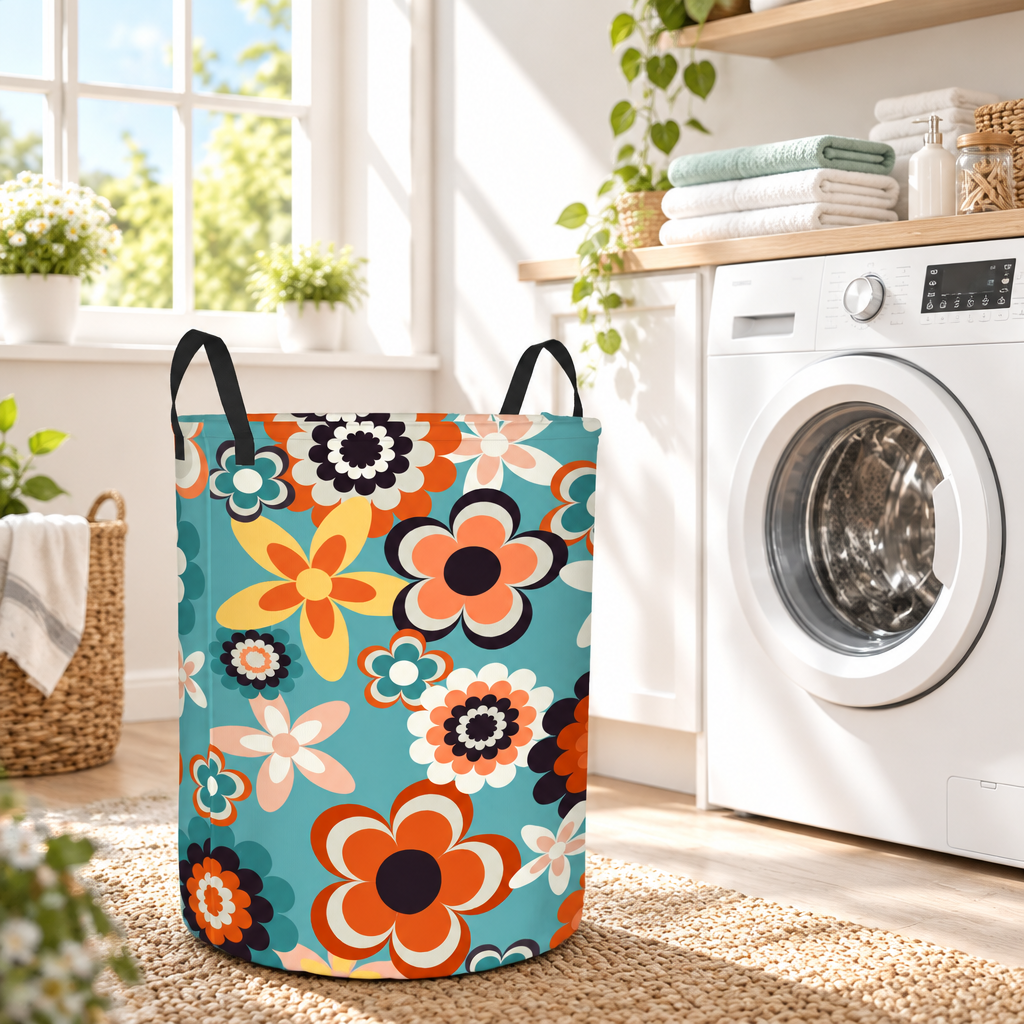 Retro 60s 70s Groovy Flowers Boho Blue, Coral and Yellow MCM Round Laundry Hamper