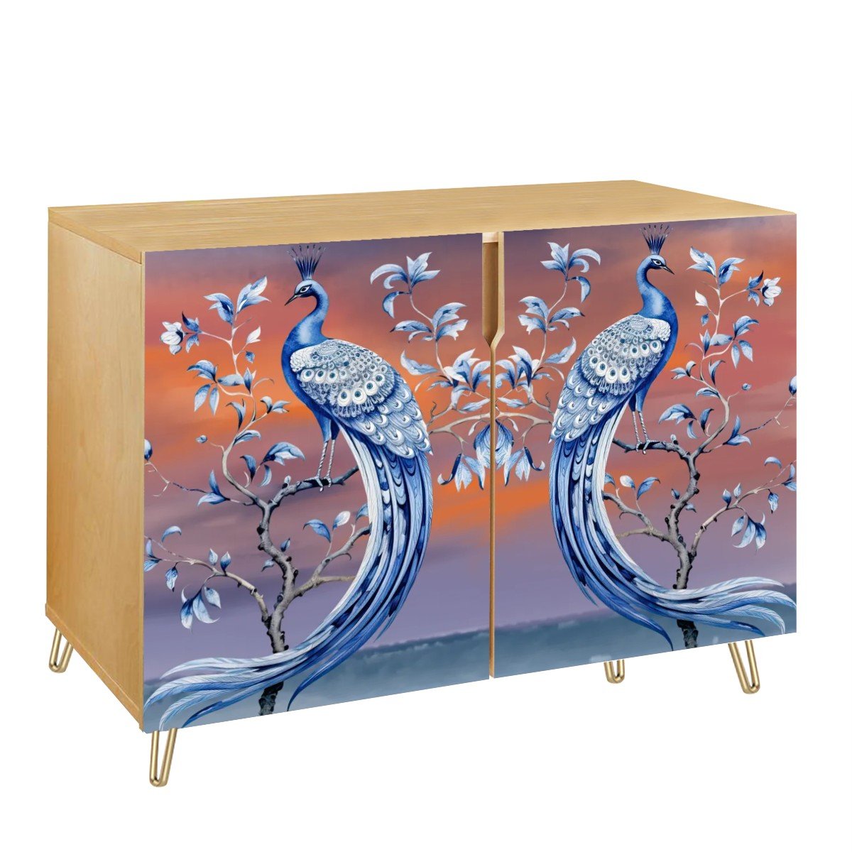 Chinoiserie Peacock Toile Mid Century Modern Blue and Orange Sideboard, Credenza, Wooden Storage Cabinet