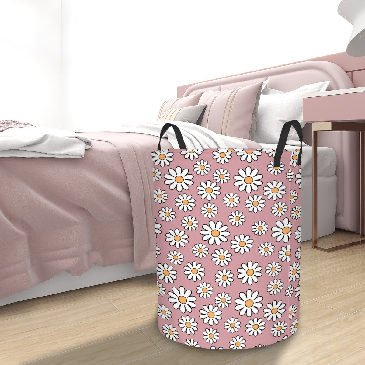 Retro 60s Boho Daisy Dusty Rose MCM Round Laundry Hamper