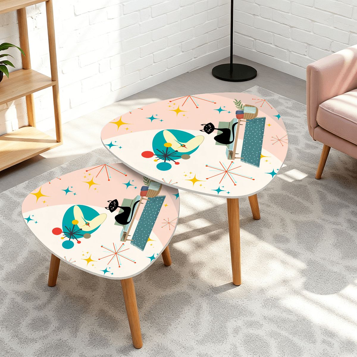 Retro 50's Lounging Atomic Black Cat & Starbursts Mid Century Mod Multicolor Nesting Accent Tables