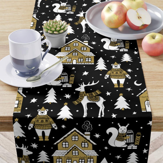 Nordic Christmas Scene MCM Scandi Black, White and Beige Holiday Table Runner