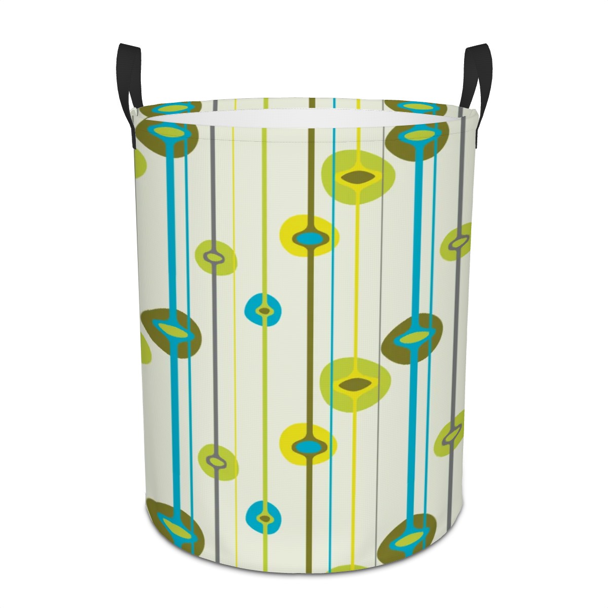 Retro patterned laundry basket with green and blue design on a white background