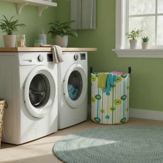 Laundry room with washing machine, dryer, and colorful laundry basket against a green wall.