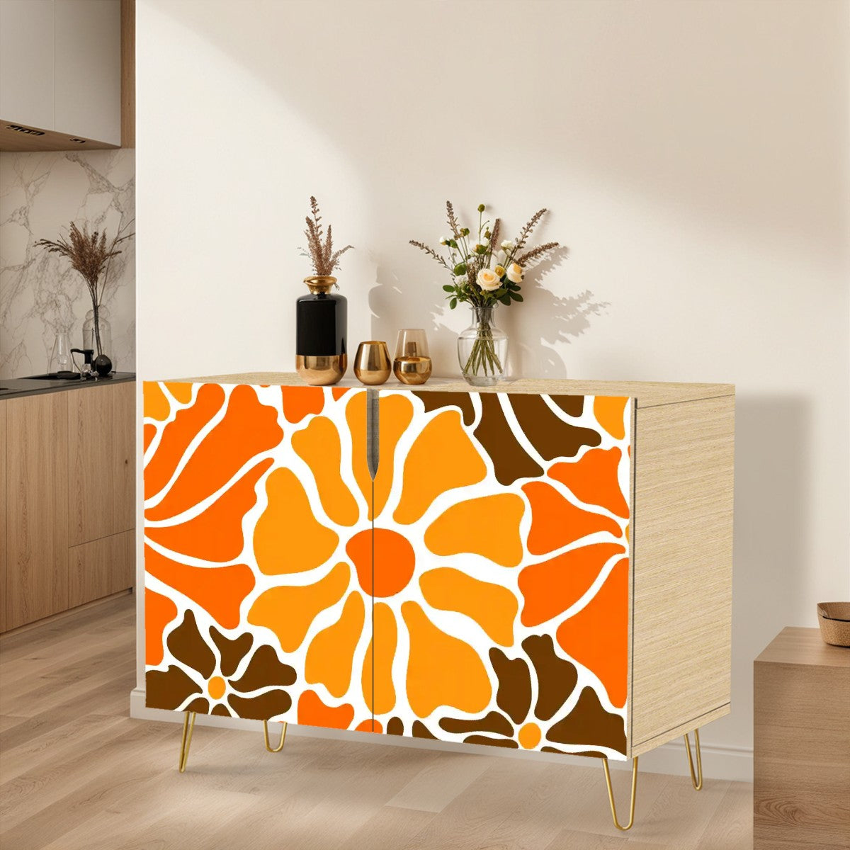 Retro 60s 70s Groovy Mod Minimalist Orange and Brown Flowers Mid Century Modern Sideboard, Credenza, Wooden Storage Cabinet