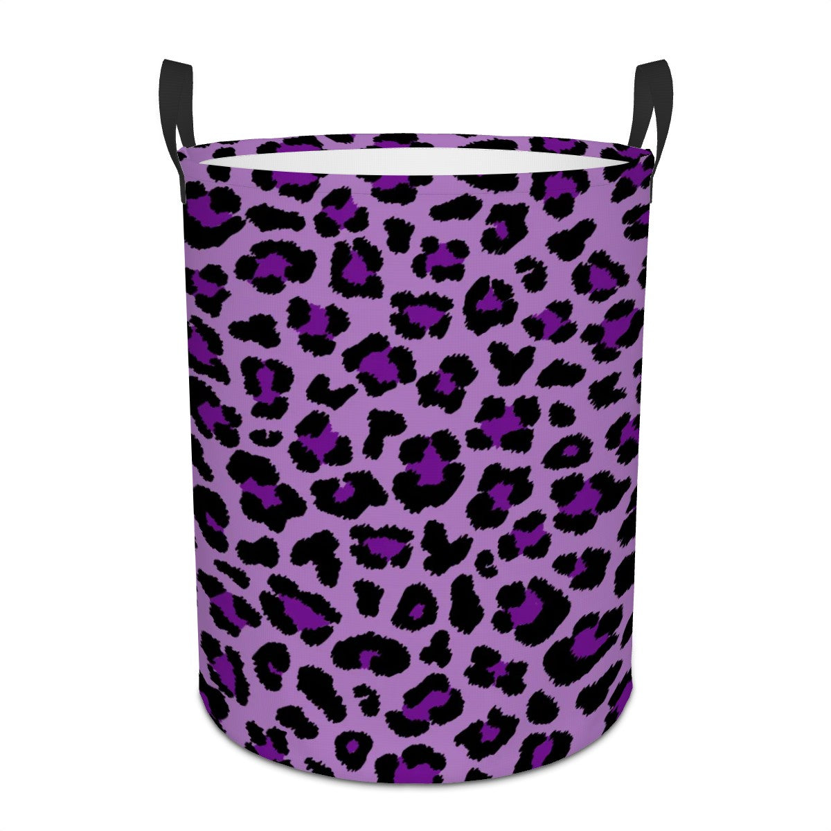 Purple laundry basket with black leopard print pattern on a white background