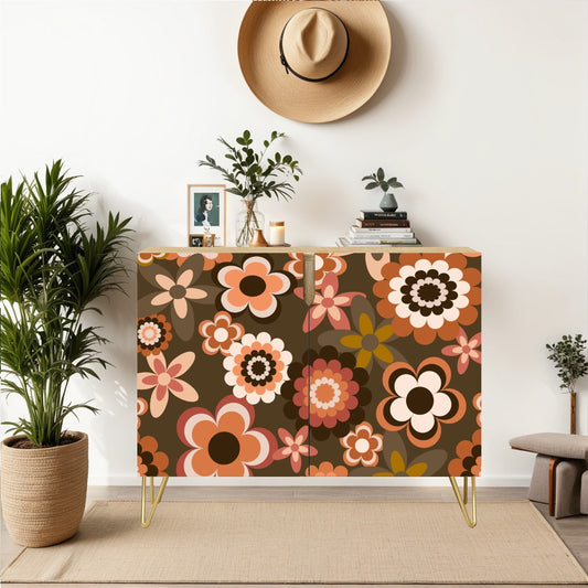 Retro 60s 70s Groovy Brown Flowers Boho Mid Century Modern Credenza, Sideboard, Wooden Storage Cabinet