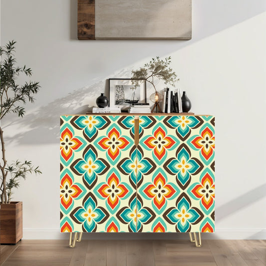 Retro 50's 60's Flowers Mid Century Mod Vintage Inspired Orange & Blue Sideboard, Credenza, Wooden Storage Cabinet
