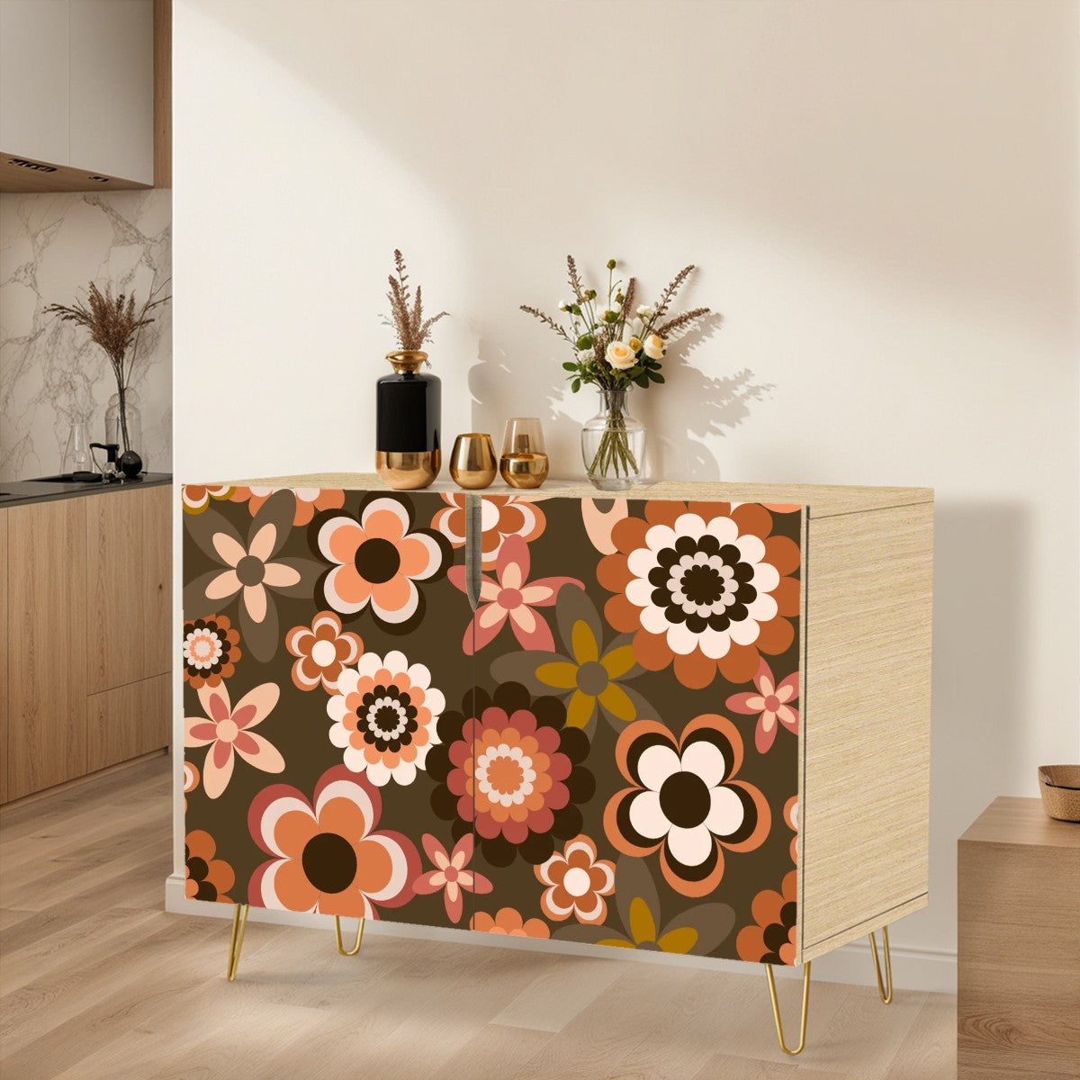 Retro 60s 70s Groovy Brown Flowers Boho Mid Century Modern Credenza, Sideboard, Wooden Storage Cabinet