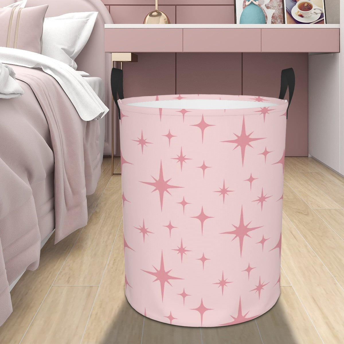 Retro 50s Atomic Starburst Pink Mid Century Modern Round Laundry Hamper