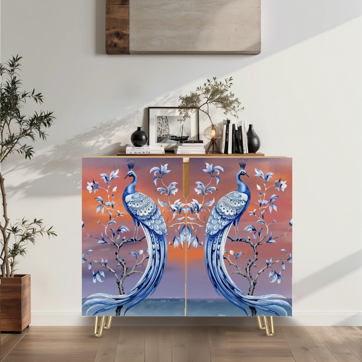 Chinoiserie Peacock Toile Mid Century Modern Blue and Orange Sideboard, Credenza, Wooden Storage Cabinet