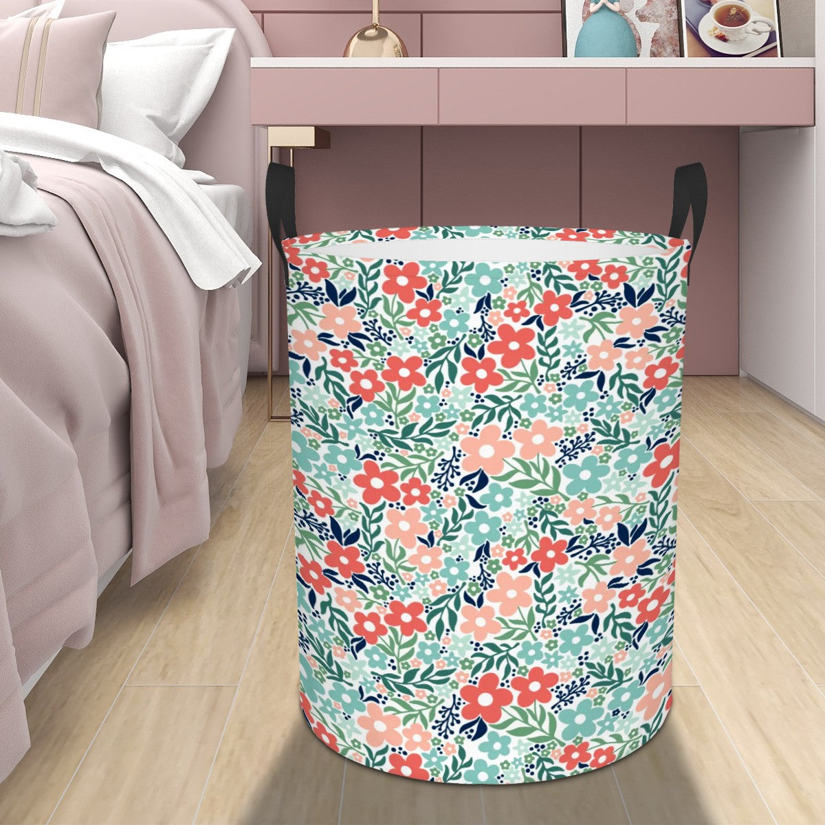 Retro Minimalist Scandi Flowers Cottagecore MCM Vintage Inspired, Coral & Teal Round Laundry Hamper