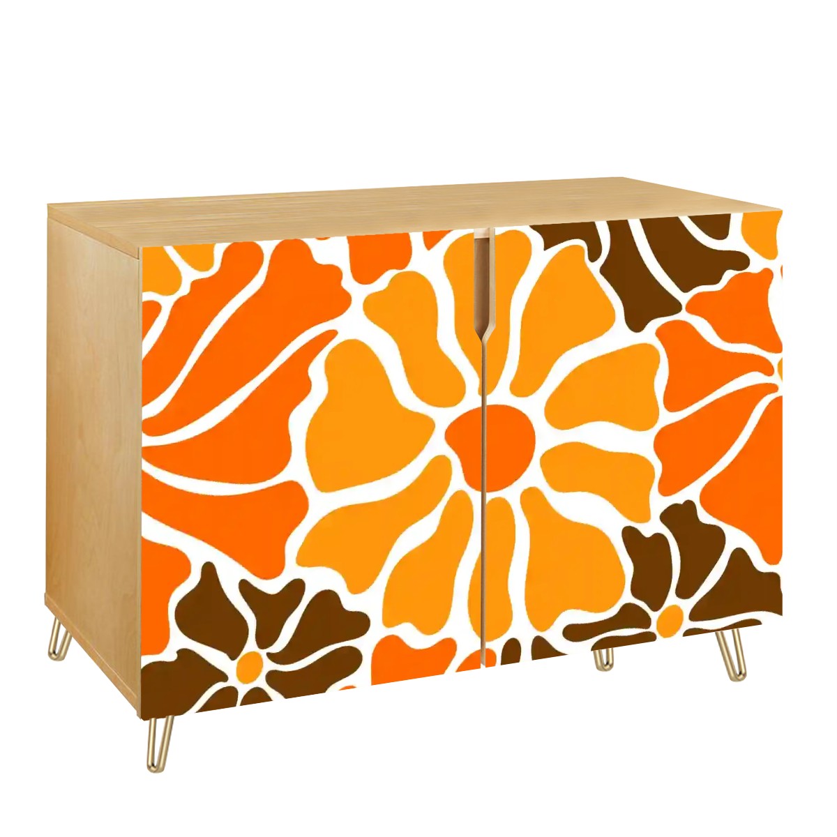 Retro 60s 70s Groovy Mod Minimalist Orange and Brown Flowers Mid Century Modern Sideboard, Credenza, Wooden Storage Cabinet