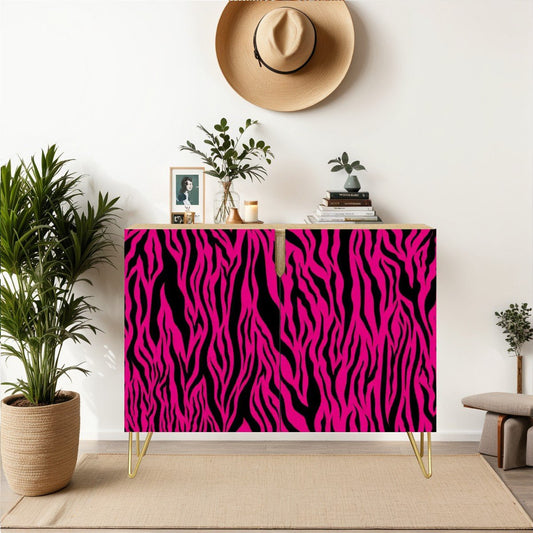 Pink & Black Tiger Stripe Animal Print MCM Sideboard, Credenza, Wooden Storage Cabinet