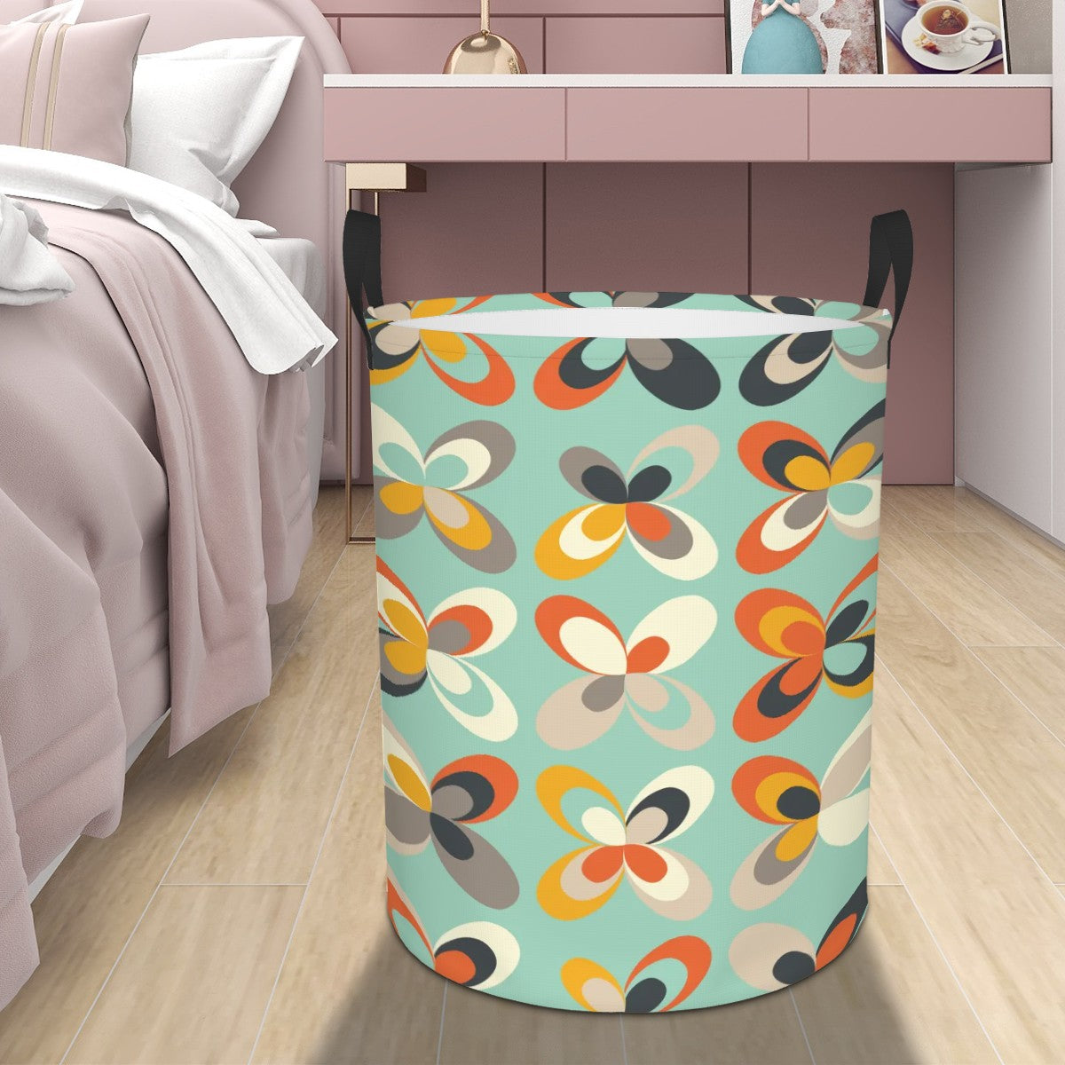 Retro Scandi MCM Danish Flowers Mint Green Round Laundry Hamper