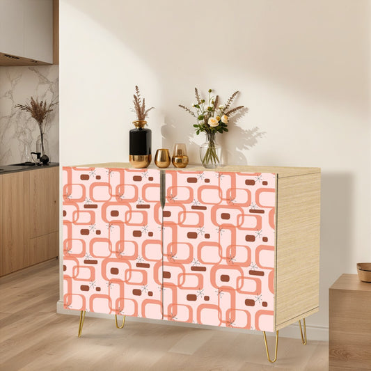 Retro 50s 60s Pink Mod Links and Bursts Mid Century Modern Sideboard, Credenza, Wooden Storage Cabinet