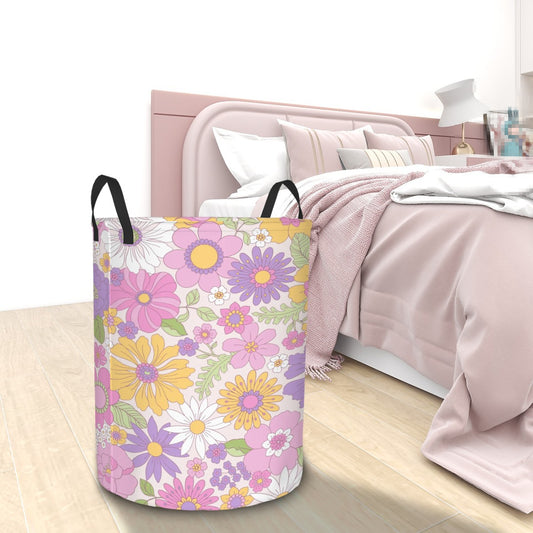 Retro 60s 70s Groovy Boho Flowers Pink, Yellow & Purple Mid Century Mod Round Laundry Hamper